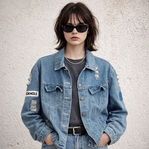 Aieryiyi Women's Small Distressed Denim Jacket Light Patch Moto Boho Streetwear